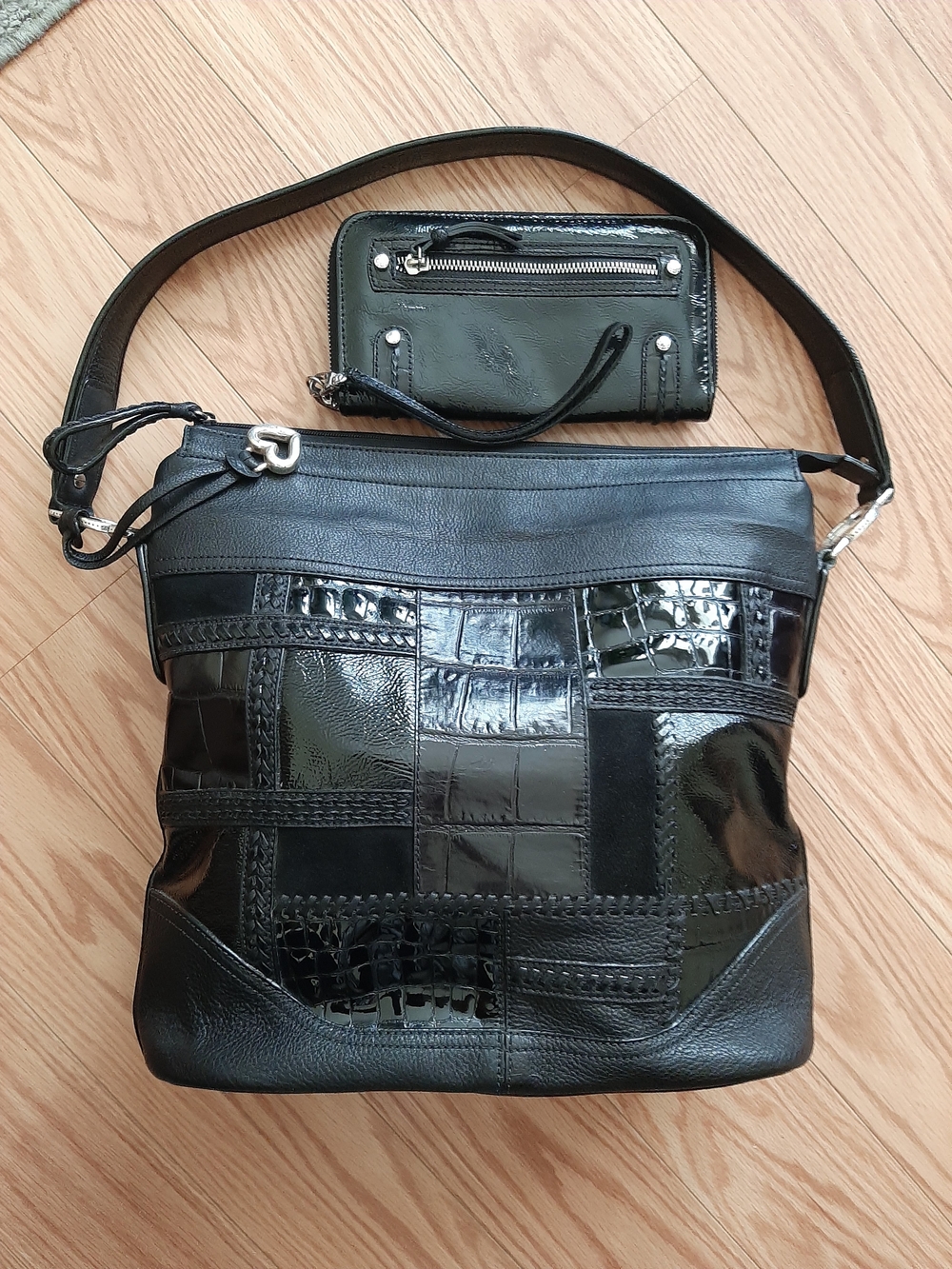 Brighton Black Patchwork Leather Crossbody Purse Bag with Matching Wallet